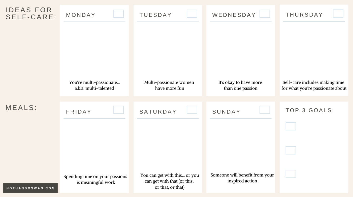 You can be productive and organized while also prioritizing your self-care. Click for this FREE weekly planner download for multi-passionate career women plus 7 affirmations. A printable template for your notebook planner organizer.